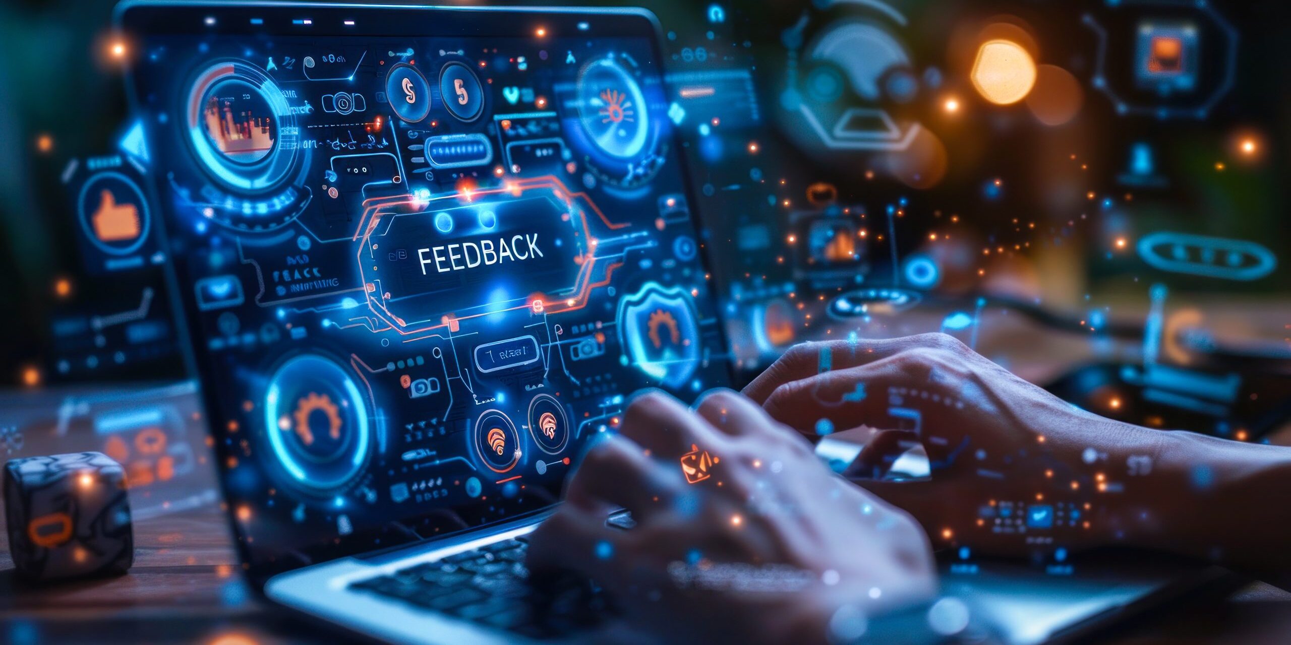 Futuristic concept showcasing importance of feedback in digital age, with hand typing on a laptop and glowing icons representing the continuous flow of feedback and communication in the online world